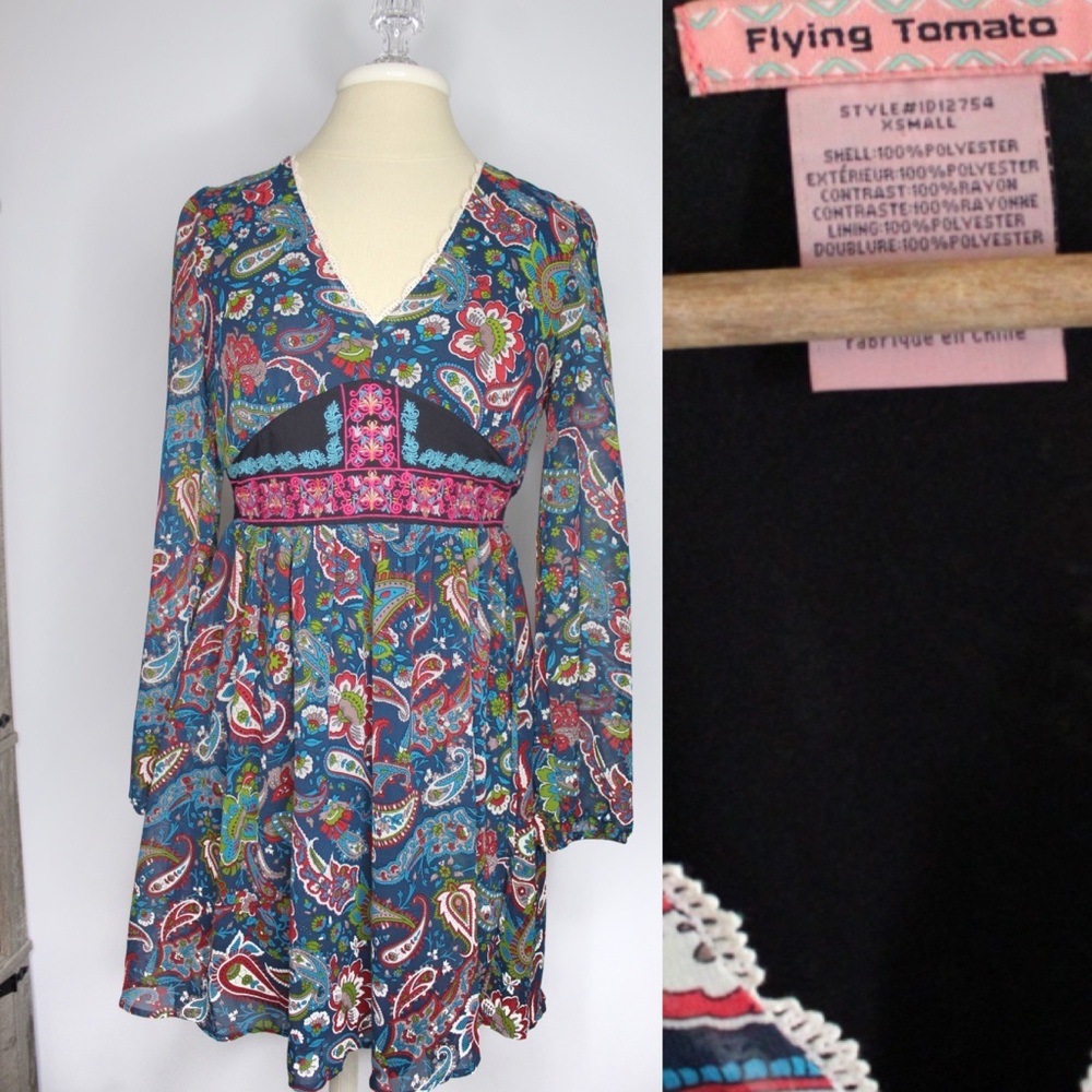 Flying Tomato Boho Paisley Floral Feminine Fit Dress XSMALL Preowned